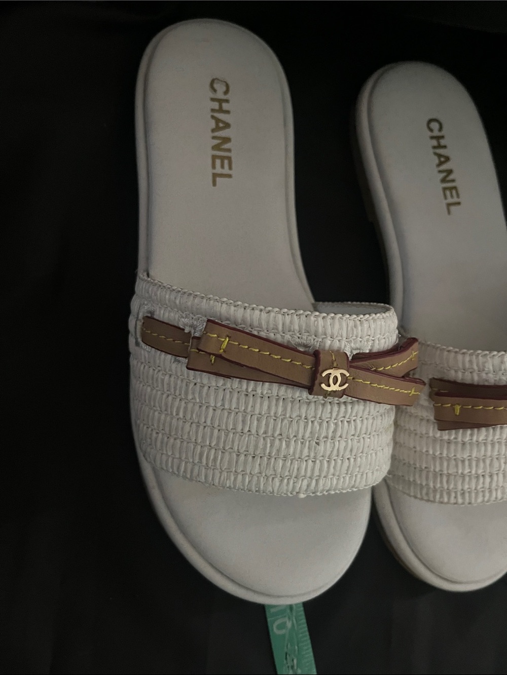White Raffia Slide Mules with Brown Trim and Gold Accents - Picture 2 of 6